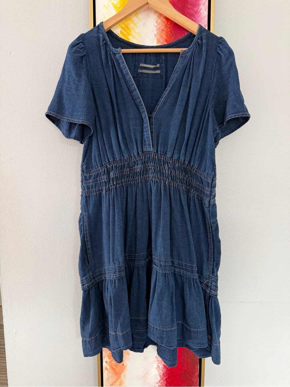 Anthropologie Dark Blue Denim Short-Sleeve Mini Dress